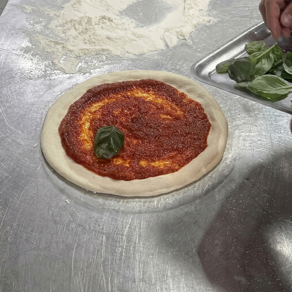 Spód do pizzy z sosem pomidorowym, na którym układane są świeże liście bazylii.
