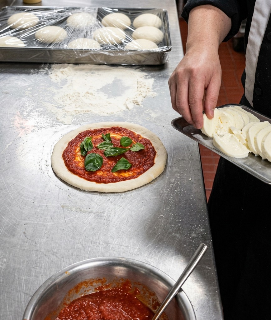 Kucharz trzymający tacę z plastrami świeżej mozzarelli obok surowej pizzy z sosem i bazylią.