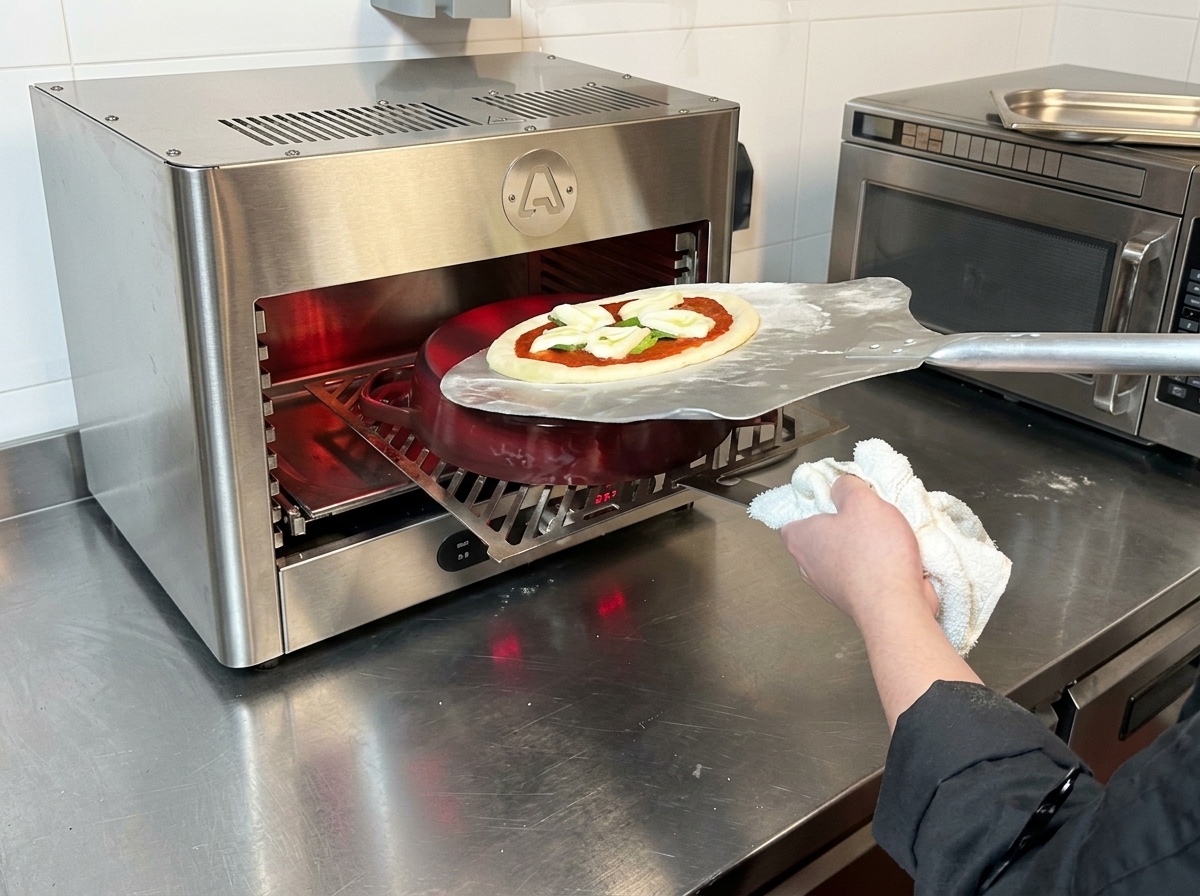 Surowa pizza zsuwana z metalowej łopaty na rozgrzaną patelnię żeliwną wewnątrz gorącego pieca.