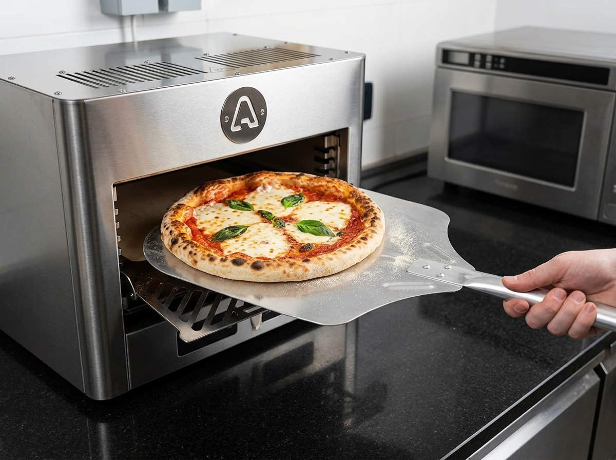 W pełni upieczona pizza z puszystym, lekko przypieczonym rantem wyjmowana z pieca na metalowej łopacie.