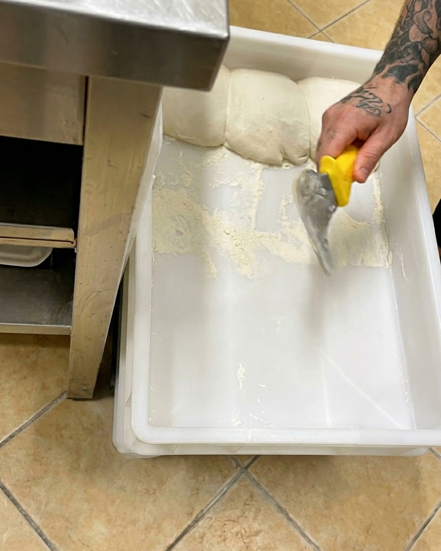 Dłoń używająca żółtej szpatułki do delikatnego wyjęcia kulki ciasta na pizzę z białego pojemnika.