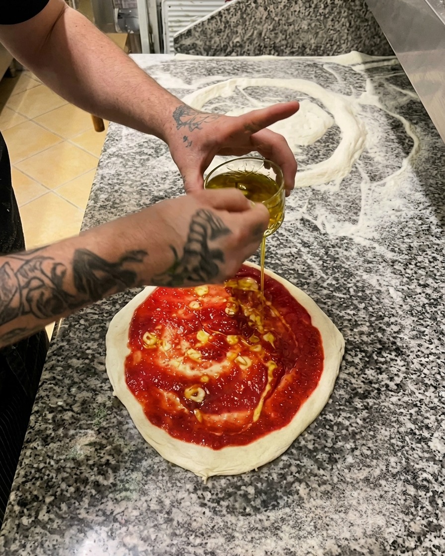 Osoba polewająca spód pizzy z sosem pomidorowym złocistą oliwą czosnkową z małej szklanej miseczki.