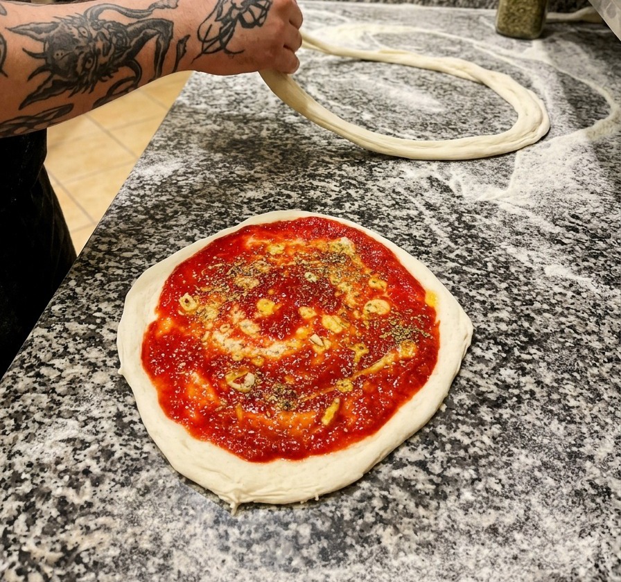 Surowy spód pizzy z sosem, plastrami czosnku i posypką z suszonego oregano na marmurowym blacie.