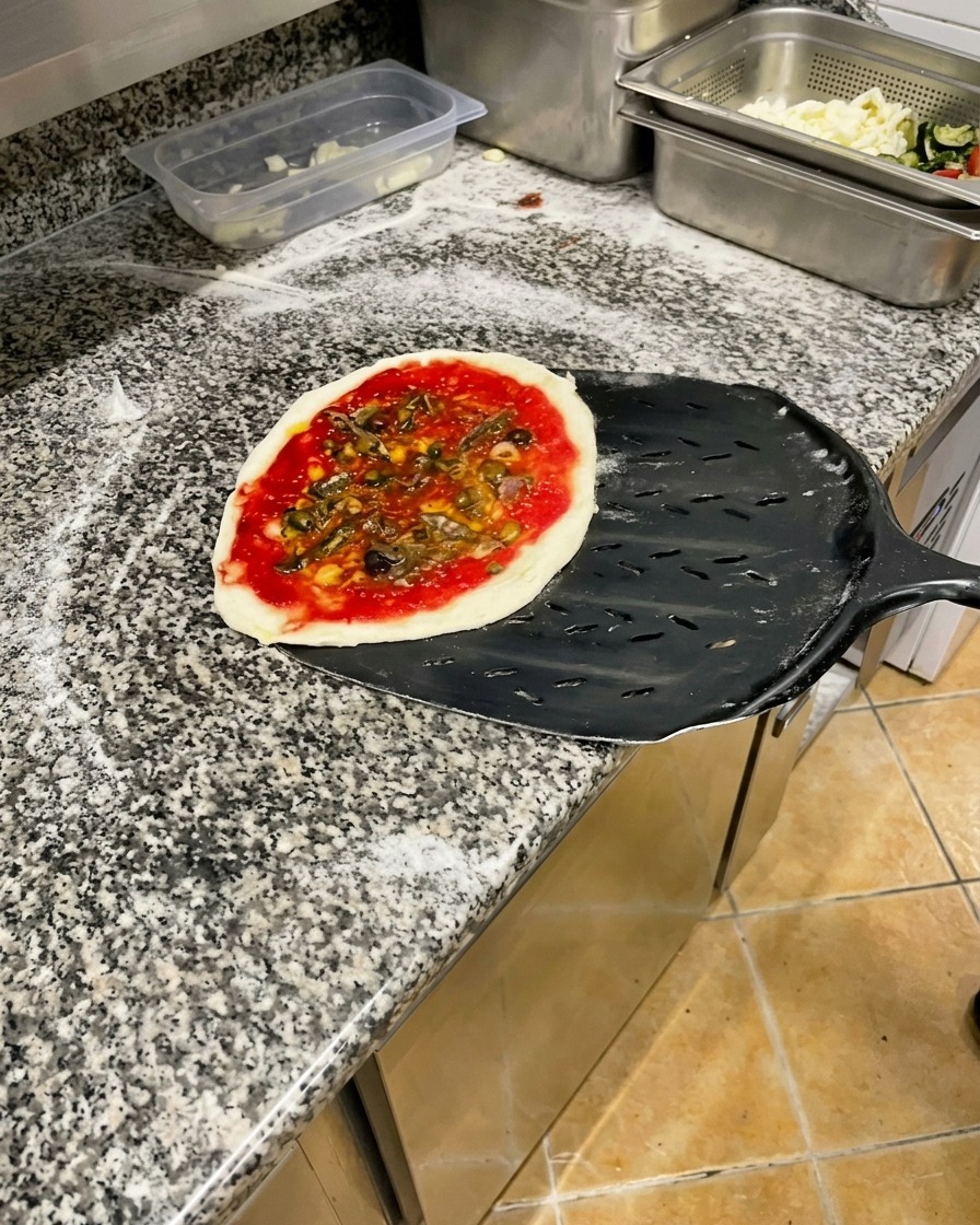 Surowa pizza neapolitańska z dodatkami leżąca na czarnej metalowej łopacie do pizzy.