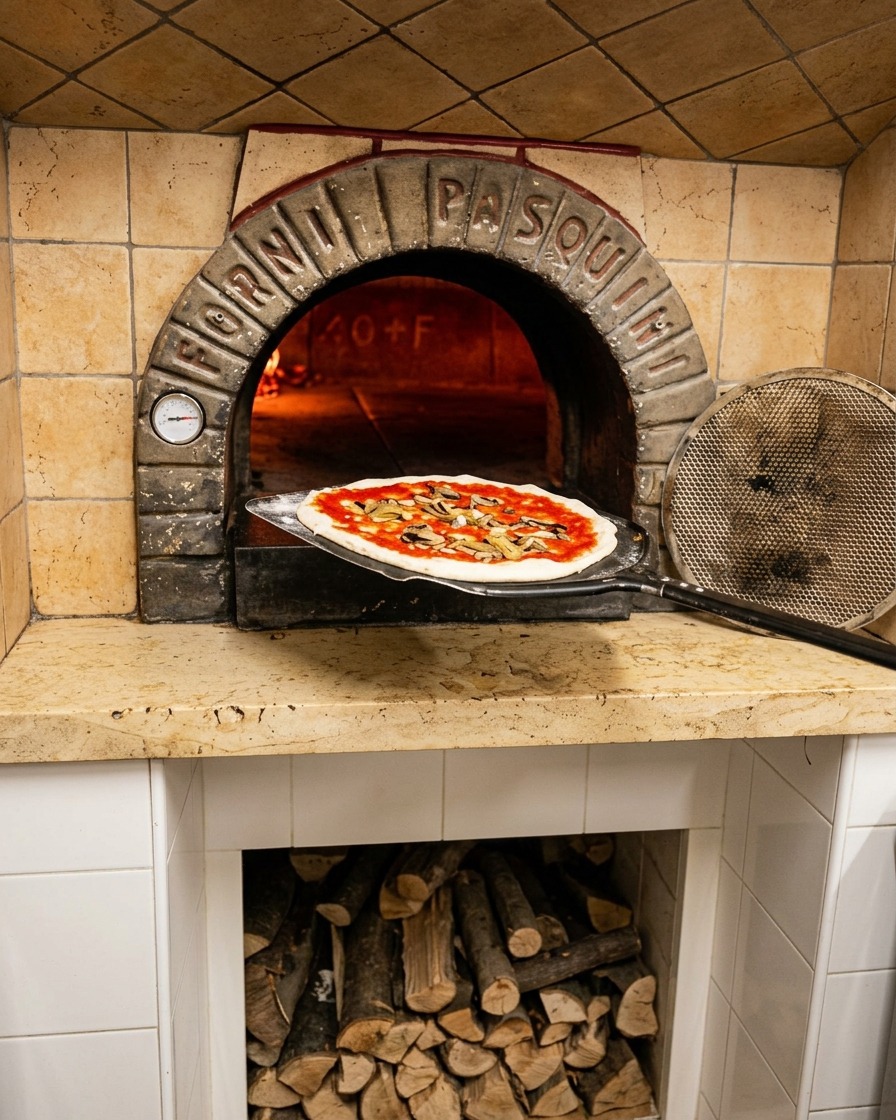 Wsuwanie surowej pizzy z metalowej łopaty bezpośrednio na dno gorącego pieca opalanego drewnem.
