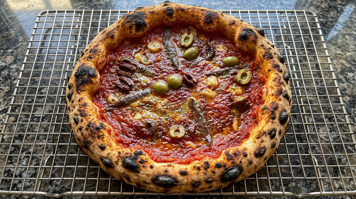 Autentyczna pizza neapolitańska z anchois i oliwkami