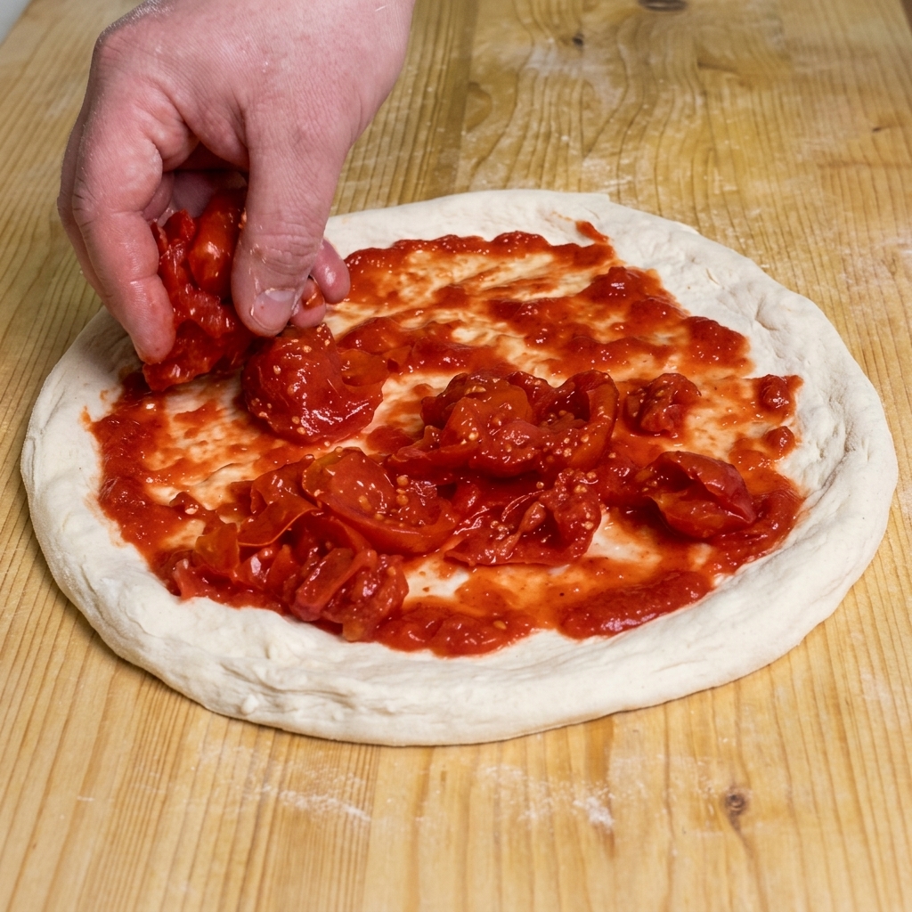 Dłoń układająca duże, rustykalne kawałki jaskrawoczerwonych pomidorów na cieście do pizzy pokrytym już gładkim sosem pomidorowym.