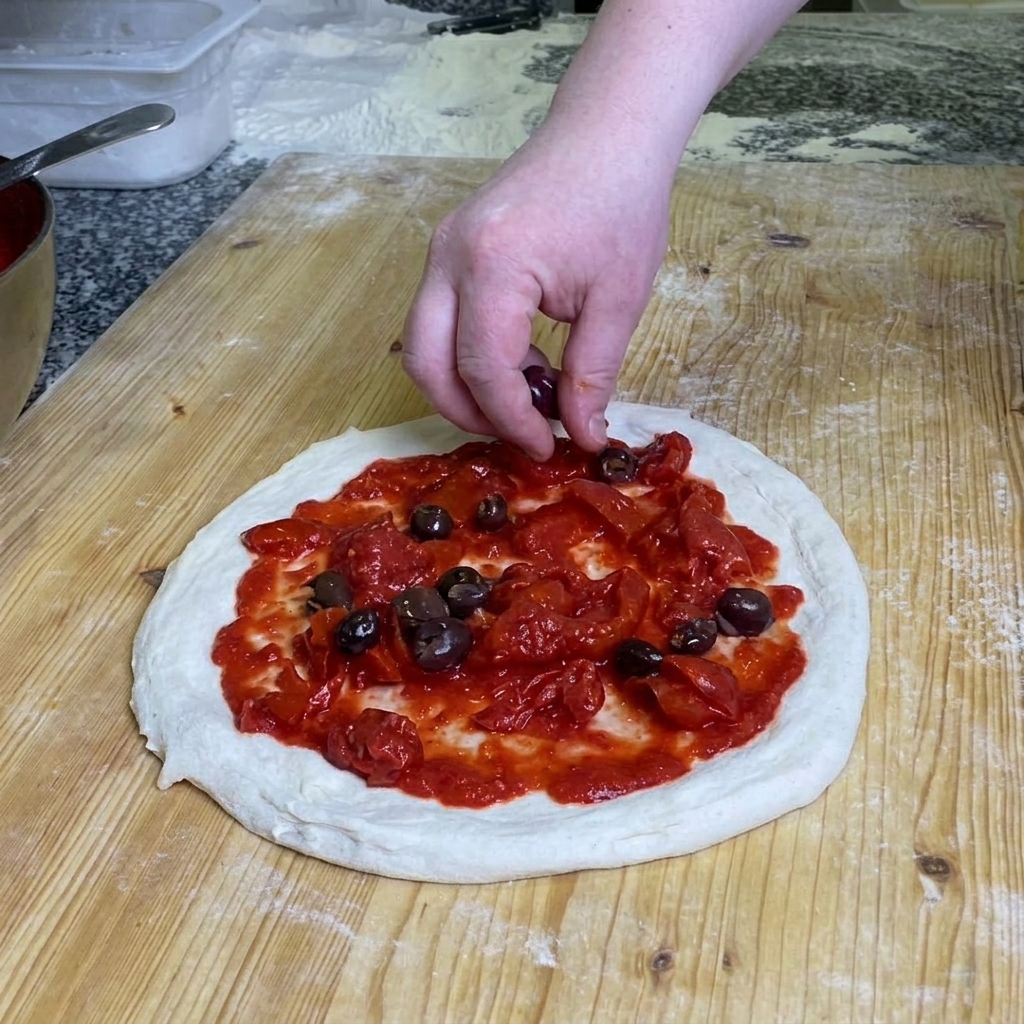 Dłoń szefa kuchni upuszczająca całe czarne oliwki równomiernie na surową pizzę pokrytą bogatą warstwą czerwonych pomidorów.