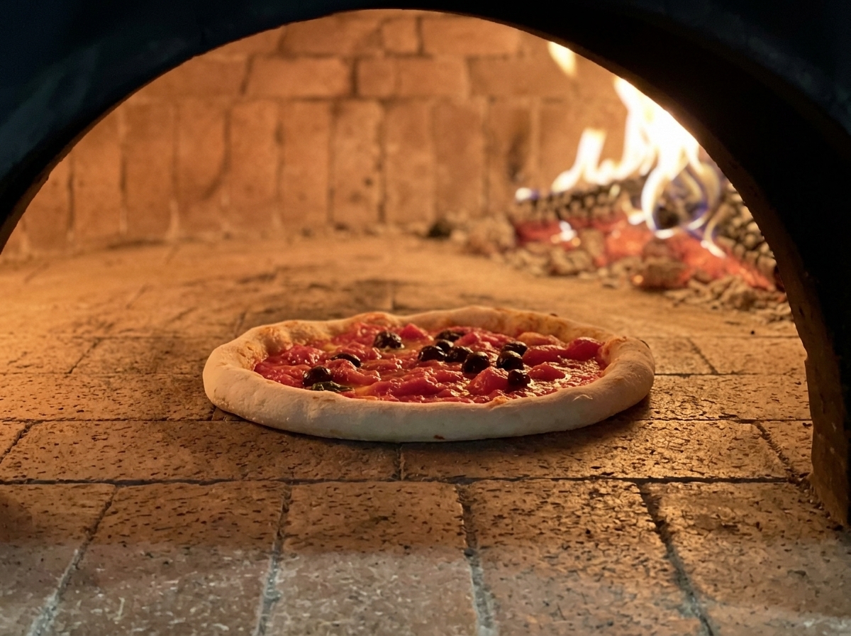 Pięknie bąbelkująca neapolitańska pizza piekąca się bezpośrednio na ceglanej podłodze gorącego pieca opalanego drewnem na tle jasnych płomieni.