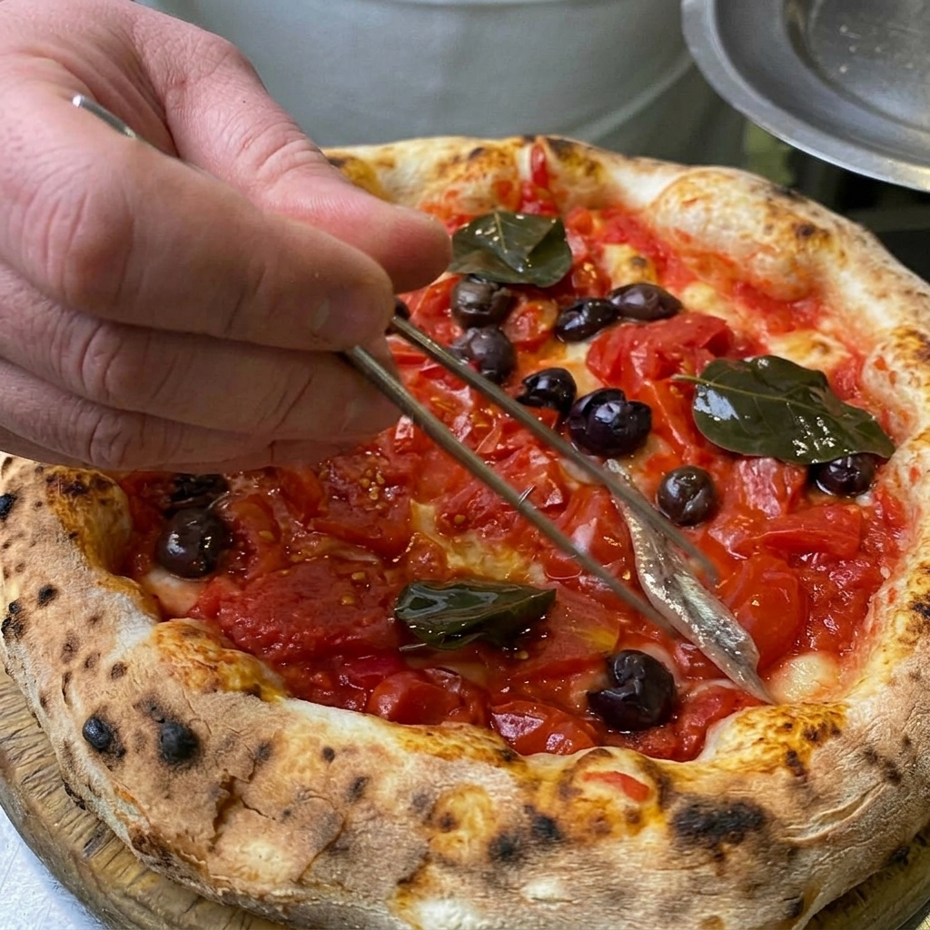 Pęseta układająca srebrny filet anchois na upieczonej pizzy z pomidorami, oliwkami i liśćmi kaparów.