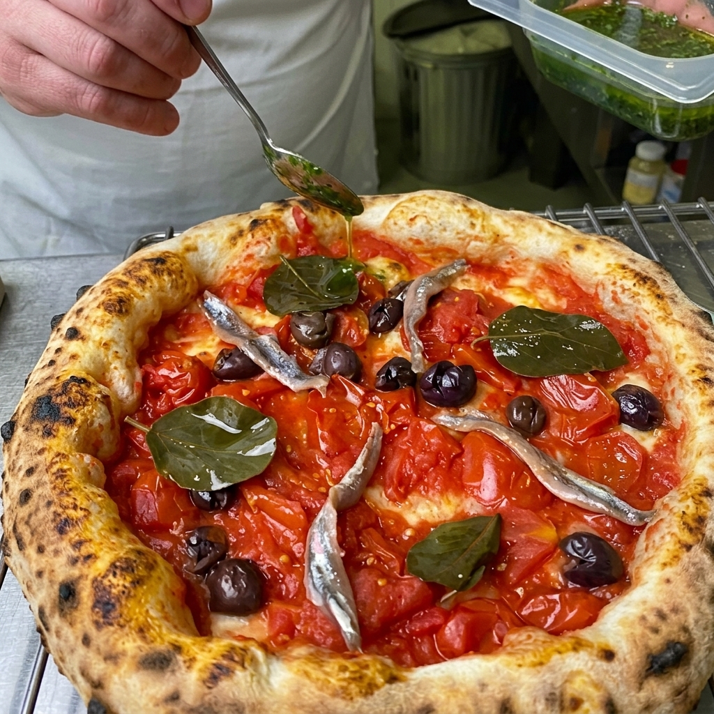 Łyżka skrapiająca pizzę z anchois, oliwkami i pomidorami jaskrawozielonymym sosem z czosnku i selera.