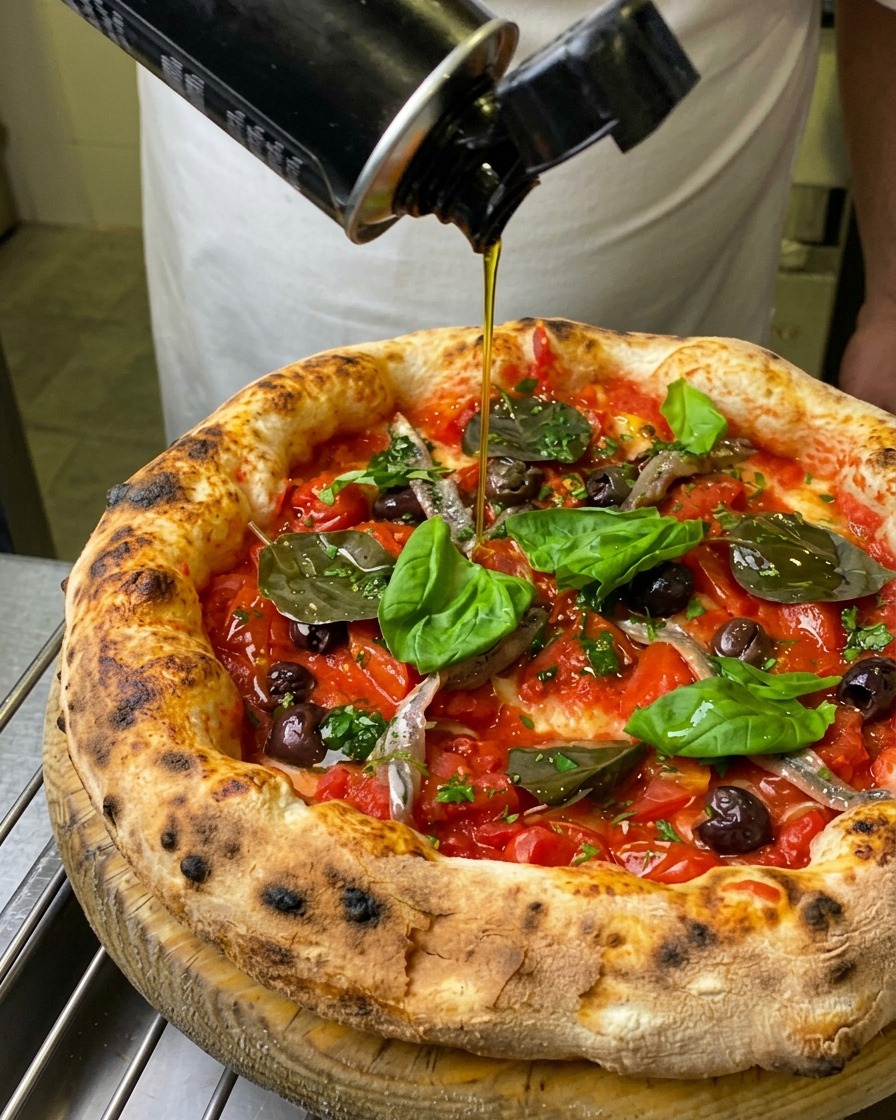Złota oliwa z oliwek najwyższej jakości spływająca stałym strumieniem z czarnej butelki na w pełni udekorowaną pizzę marinara.
