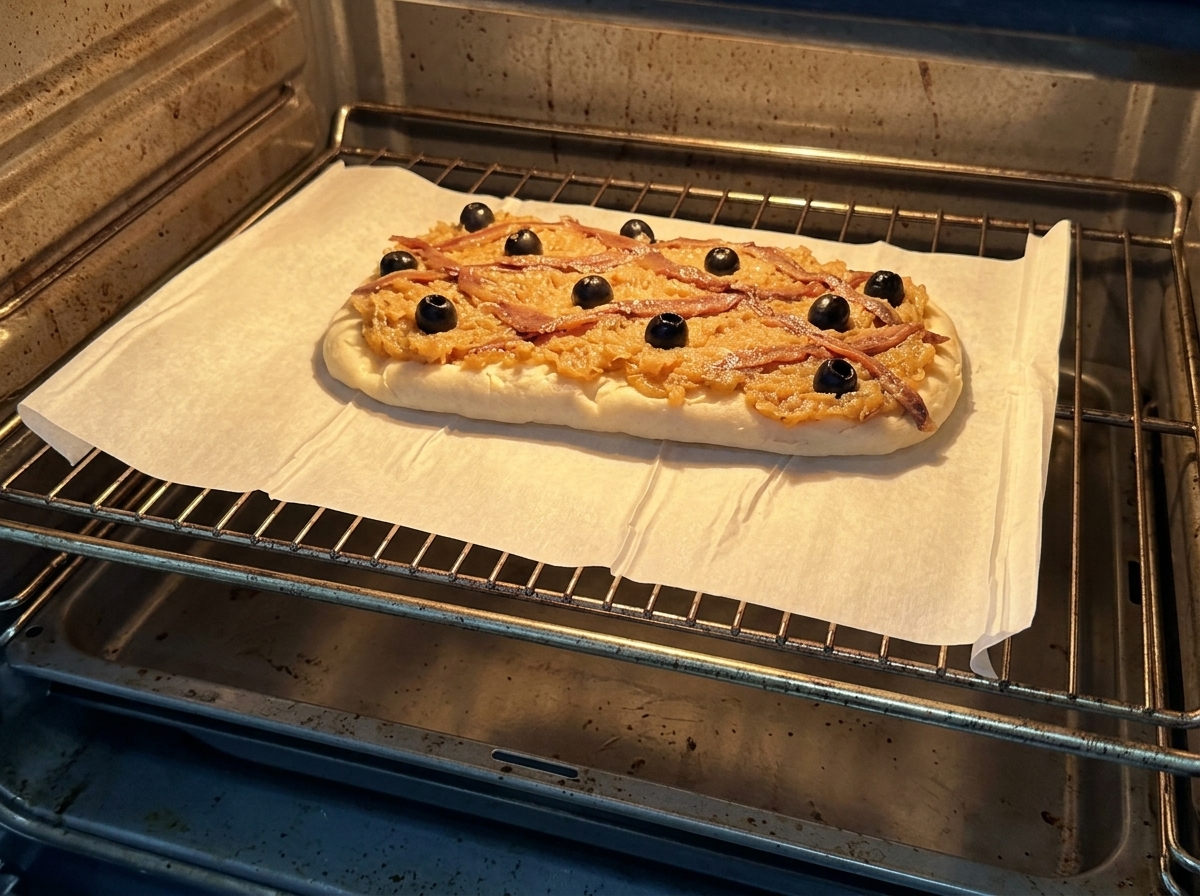Złożona Pissaladière leżąca na papierze do pieczenia na ruszcie w gorącym piekarniku.