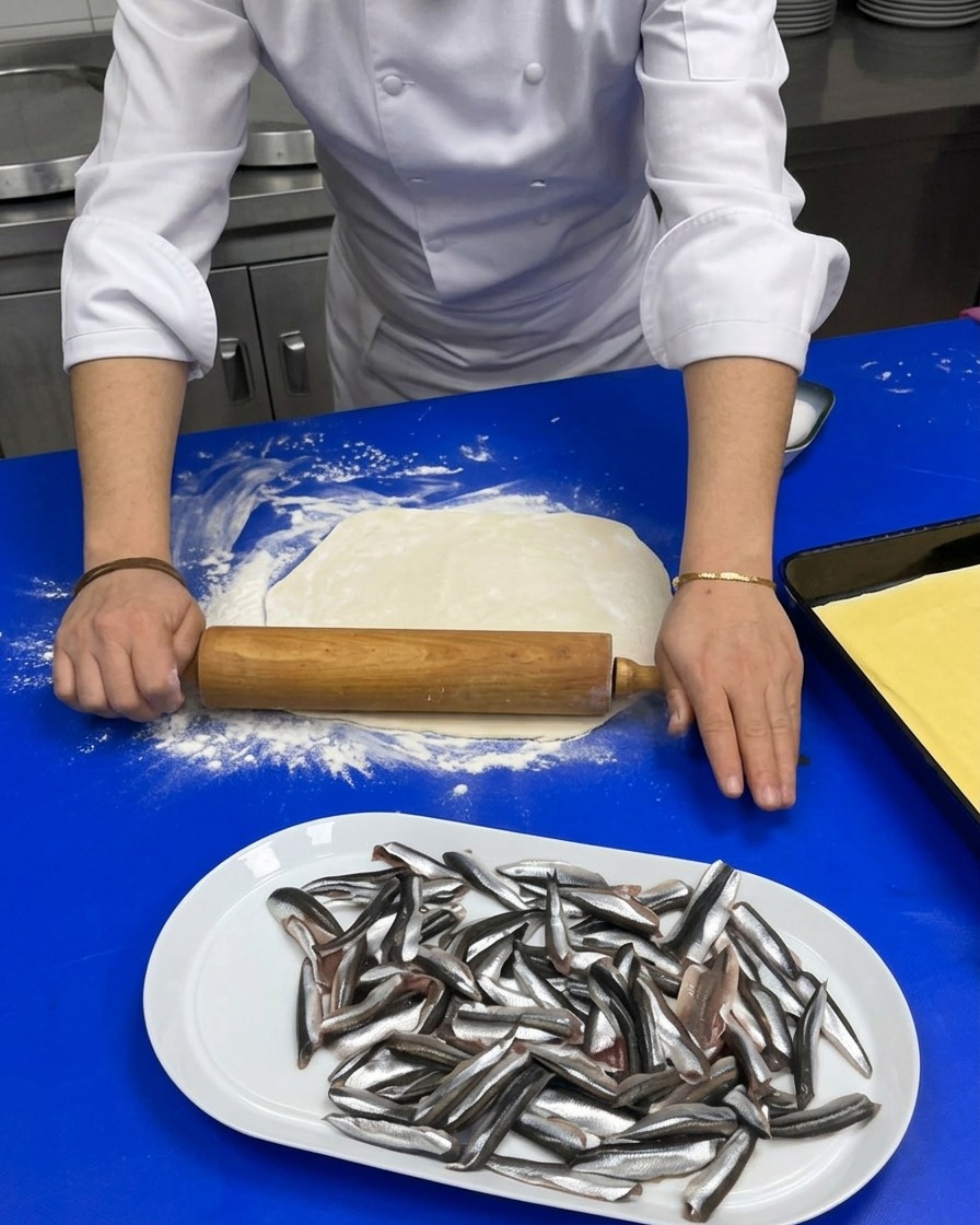 Dłonie kucharza używającego drewnianego wałka do rozwałkowania ciasta na pizzę w okrąg na oprószonym mąką niebieskim blacie, obok talerza z oczyszczonymi sardelami.