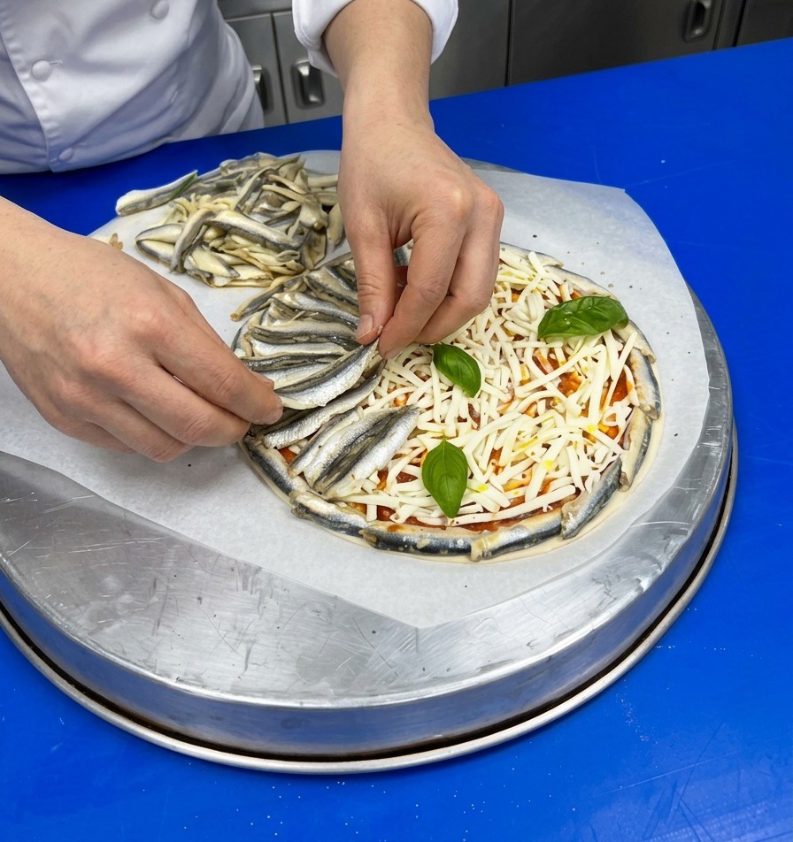 Szef kuchni precyzyjnie układa małe, całe filety z sardeli we wzór przypominający okręgi, aby pokryć warstwę sera na pizzy.