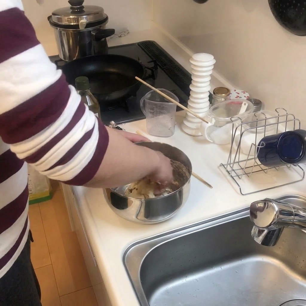 Osoba wyrabiająca ręcznie kulę ciasta na pizzę w metalowej misce, obok leżą drewniane pałeczki.