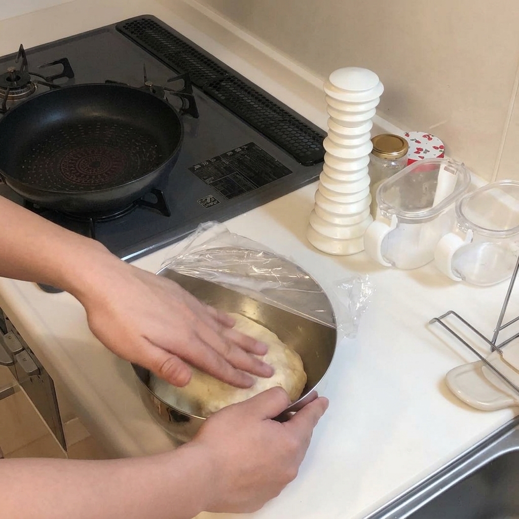 Dłonie naciskające na wyrośniętą, gładką kulę ciasta na pizzę w metalowej misce przykrytej folią spożywczą.