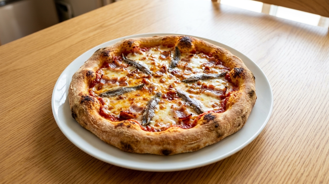 Chrupiąca domowa pizza z patelni z sardelami i boczkiem