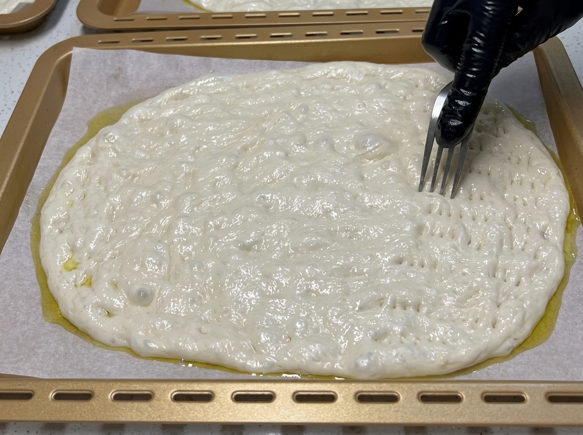 Dłoń w czarnej rękawiczce używająca widelca do robienia dziurek na powierzchni spodu pizzy na blaszce.