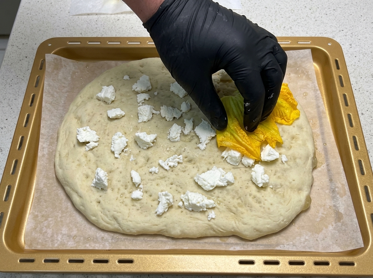 Dłoń w rękawiczce układająca otwarte, żółte kwiaty dyni na spodzie pizzy z kawałkami mozzarelli.