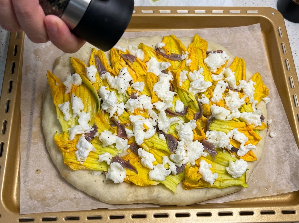 Dłoń używająca młynka do pieprzu nad gotową pizzą z kwiatami dyni, anchois i mozzarellą.
