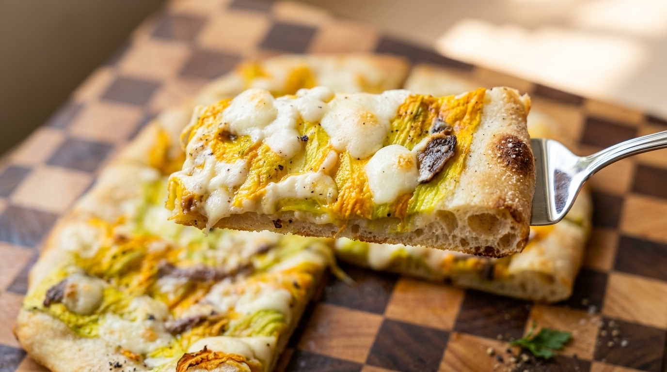 Rzemieślnicza pizza z kwiatami dyni i anchois