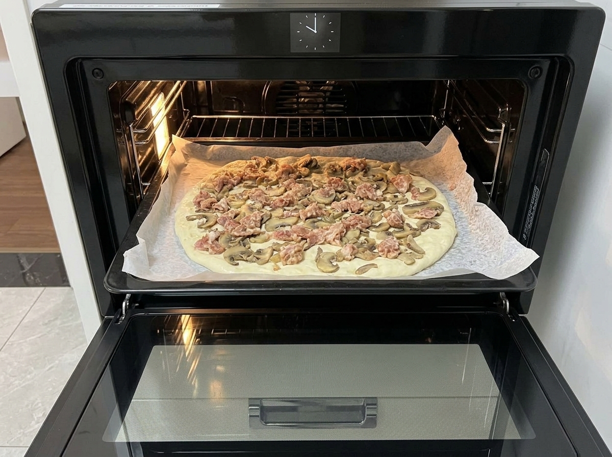 Blacha z pizzą z grzybami i kiełbasą wkładana do rozgrzanego piekarnika.