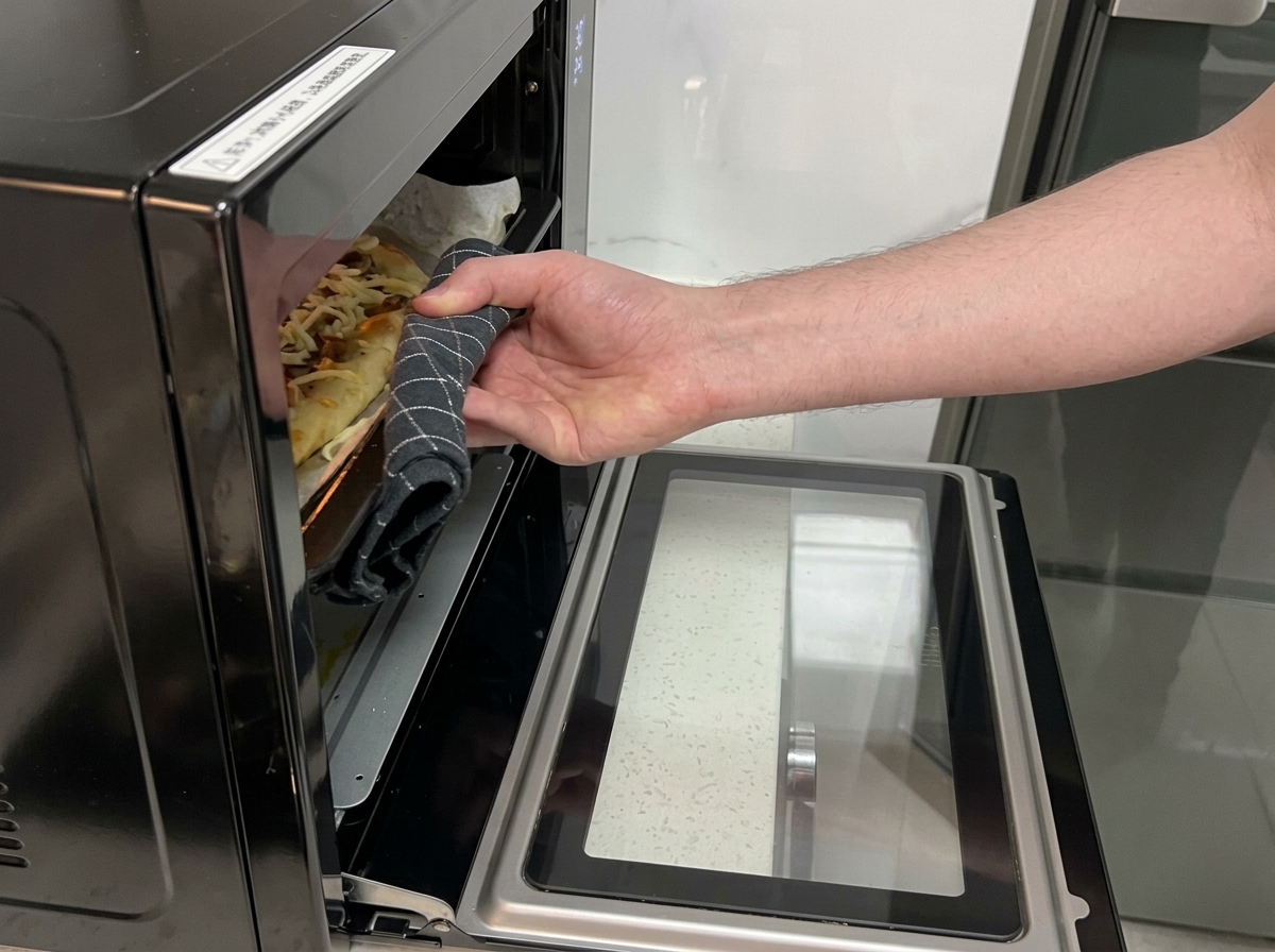 Dłoń w rękawicy kuchennej wsuwająca blachę z pizzą do małego piekarnika nablatowego.