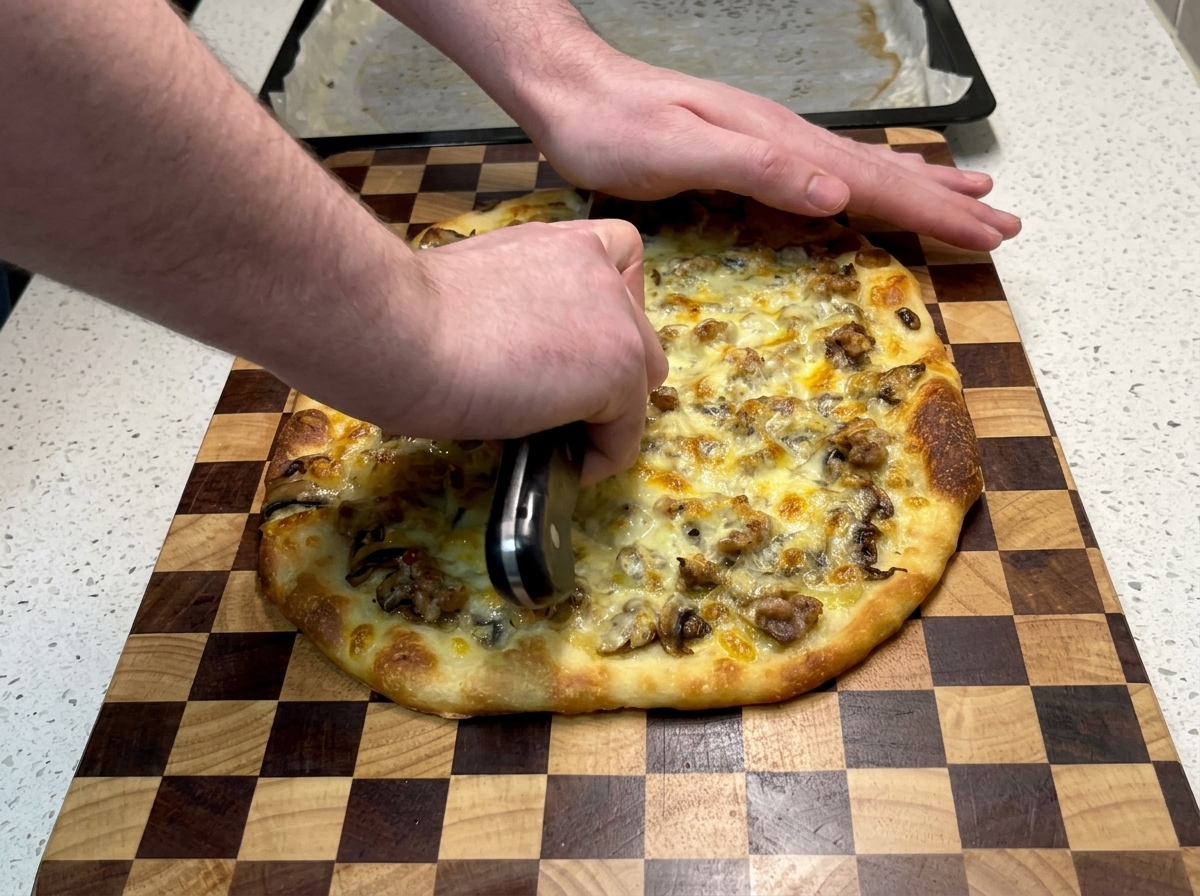 Dłonie dociskające duży nóż do świeżo upieczonej pizzy na drewnianej desce.
