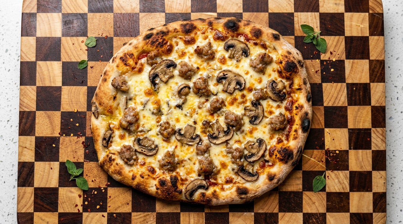 Pizza Boscaiola z kiełbasą i grzybami (na cieście poolish)