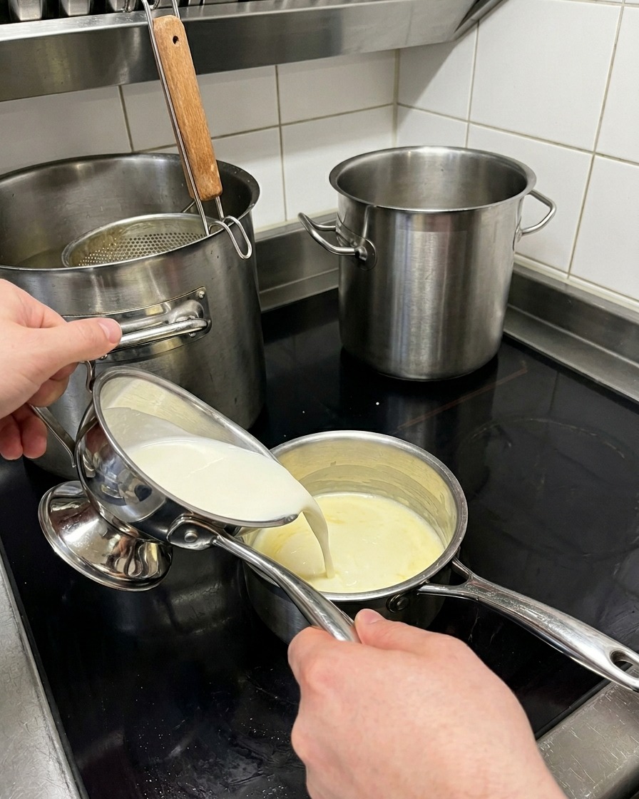 Powolne wlewanie mleka z dzbanuszka do rondelka z zasmażką.