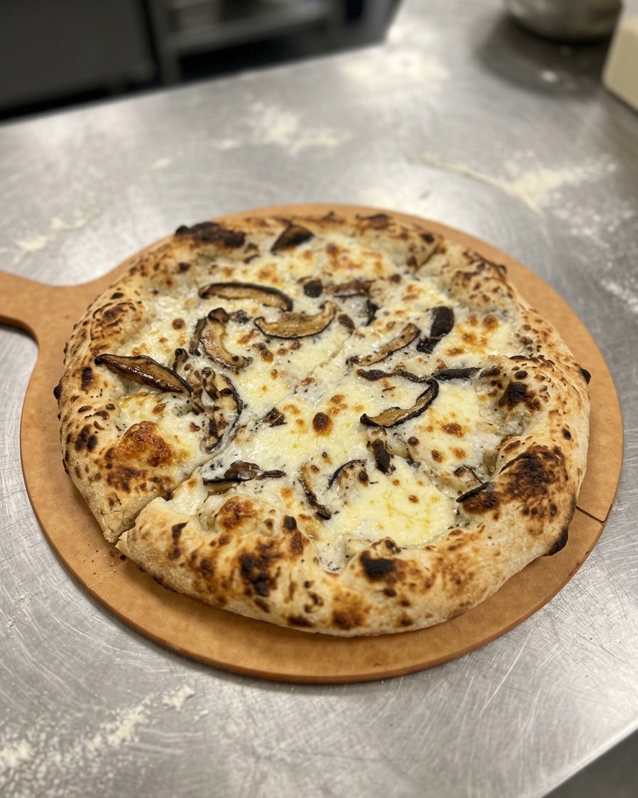 Upieczona pizza z wyrośniętymi brzegami przekrojona na cztery części na drewnianej desce.