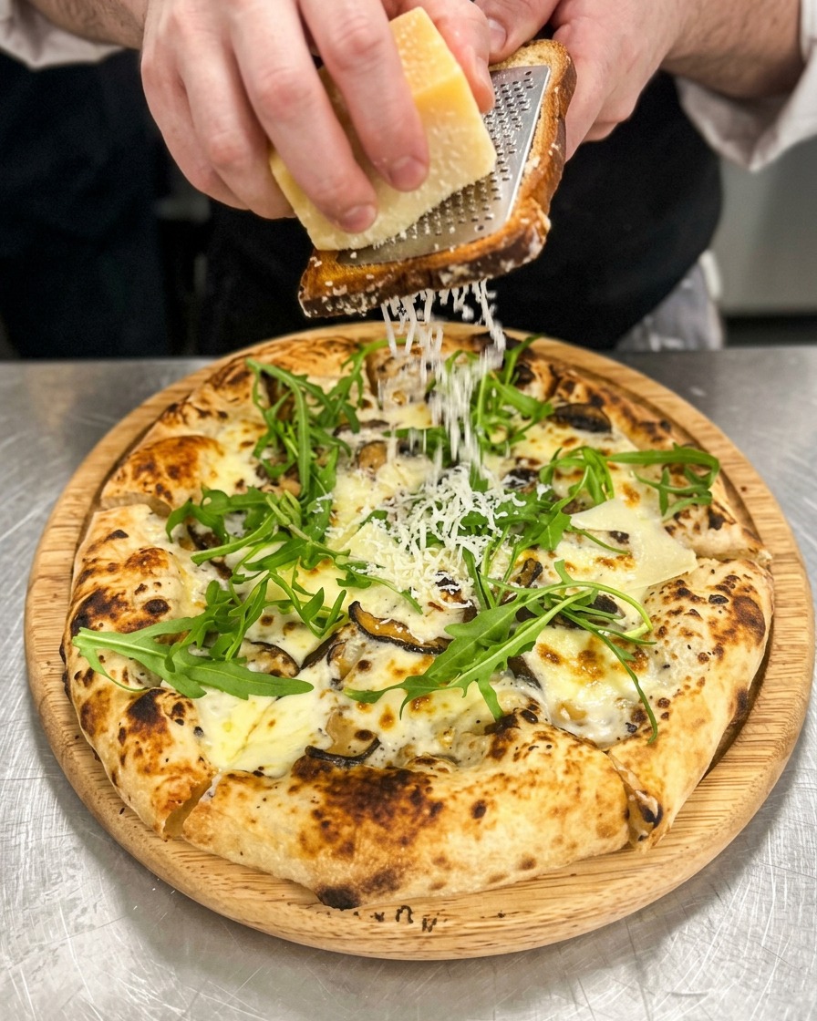 Ścieranie świeżego parmezanu z kawałka wprost na gorącą pizzę z grzybami i rukolą.
