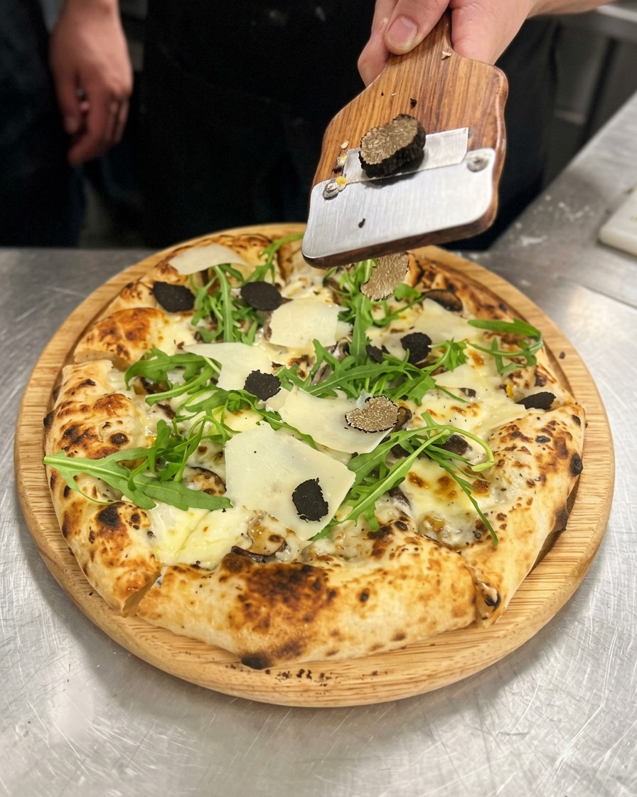 Cienkie płatki czarnej trufli krojone specjalną krajalnicą na pizzę.