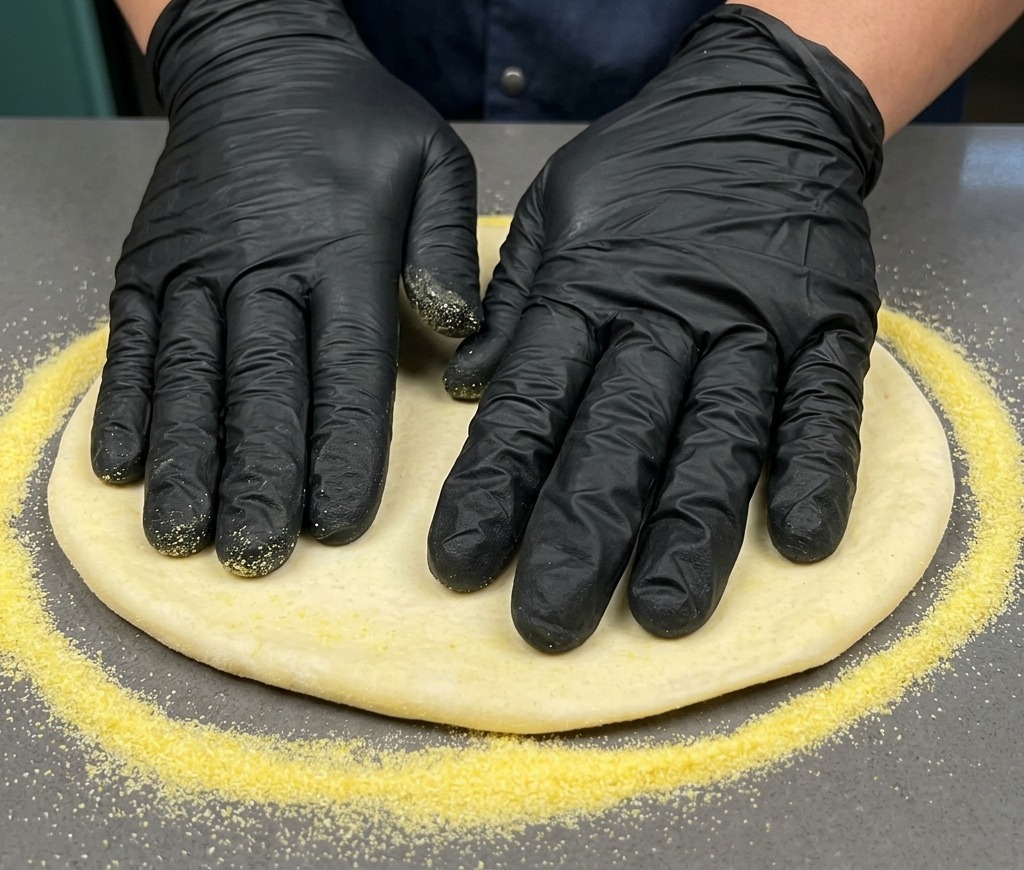 Dłonie w rękawiczkach rozciągające okrągły spód do pizzy na blacie oprószonym mąką kukurydzianą.