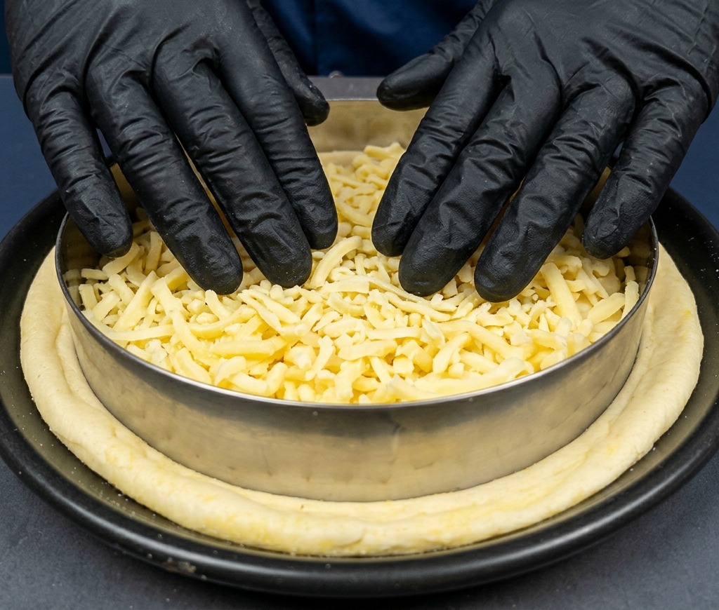 Dłonie w rękawiczkach posypujące grubą warstwą startej mozzarelli ciasto do pizzy umieszczone w metalowym pierścieniu.