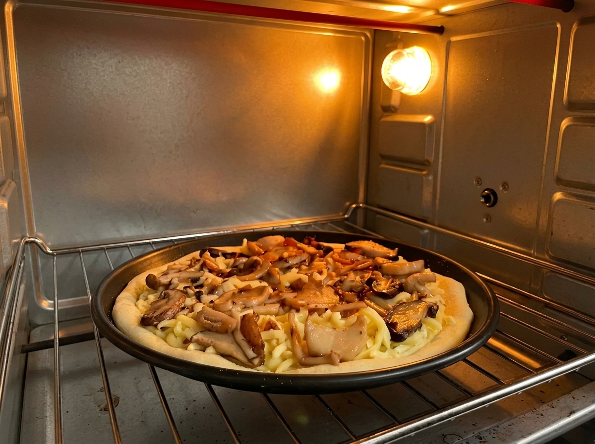 Gotowa pizza z grzybami na okrągłej czarnej blasze w rozświetlonym wnętrzu piekarnika.