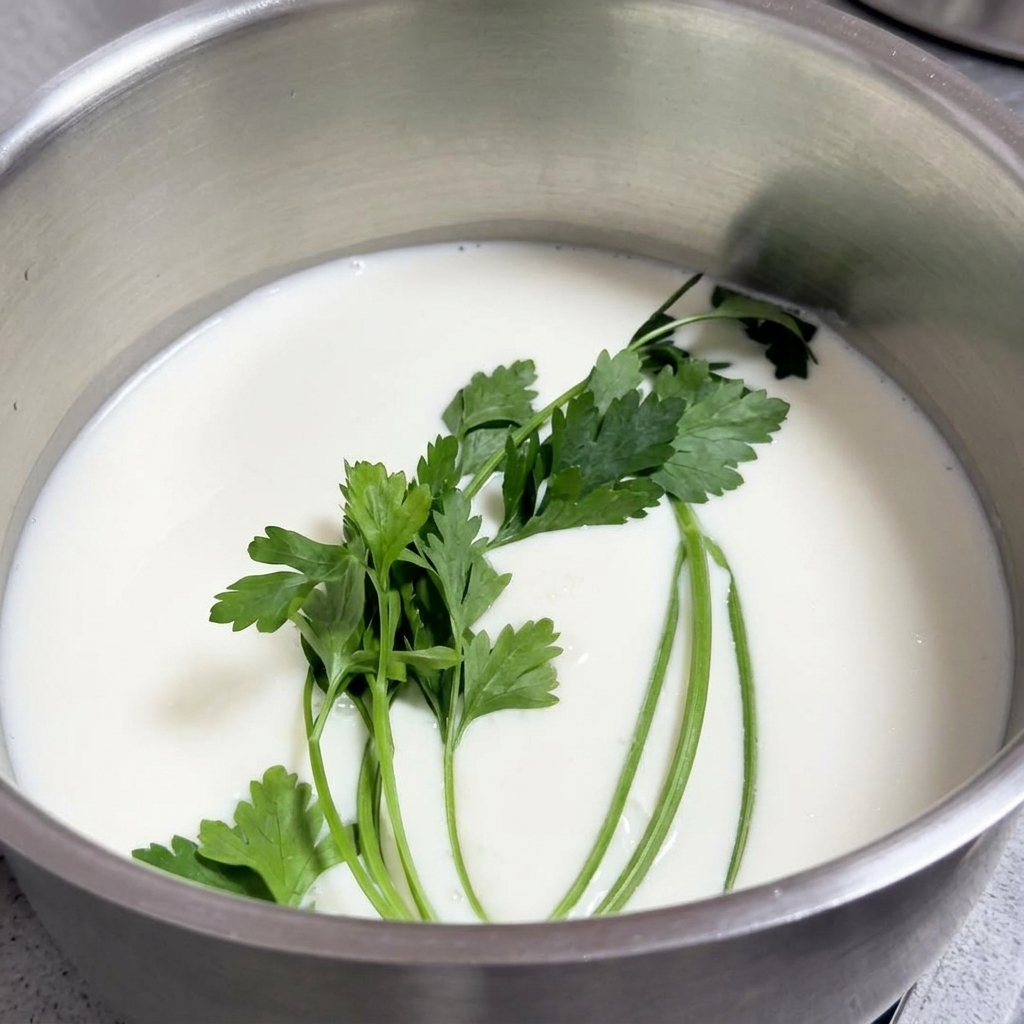 Garnek z mlekiem, w którym pływa świeża pietruszka i aromatyczne przyprawy.