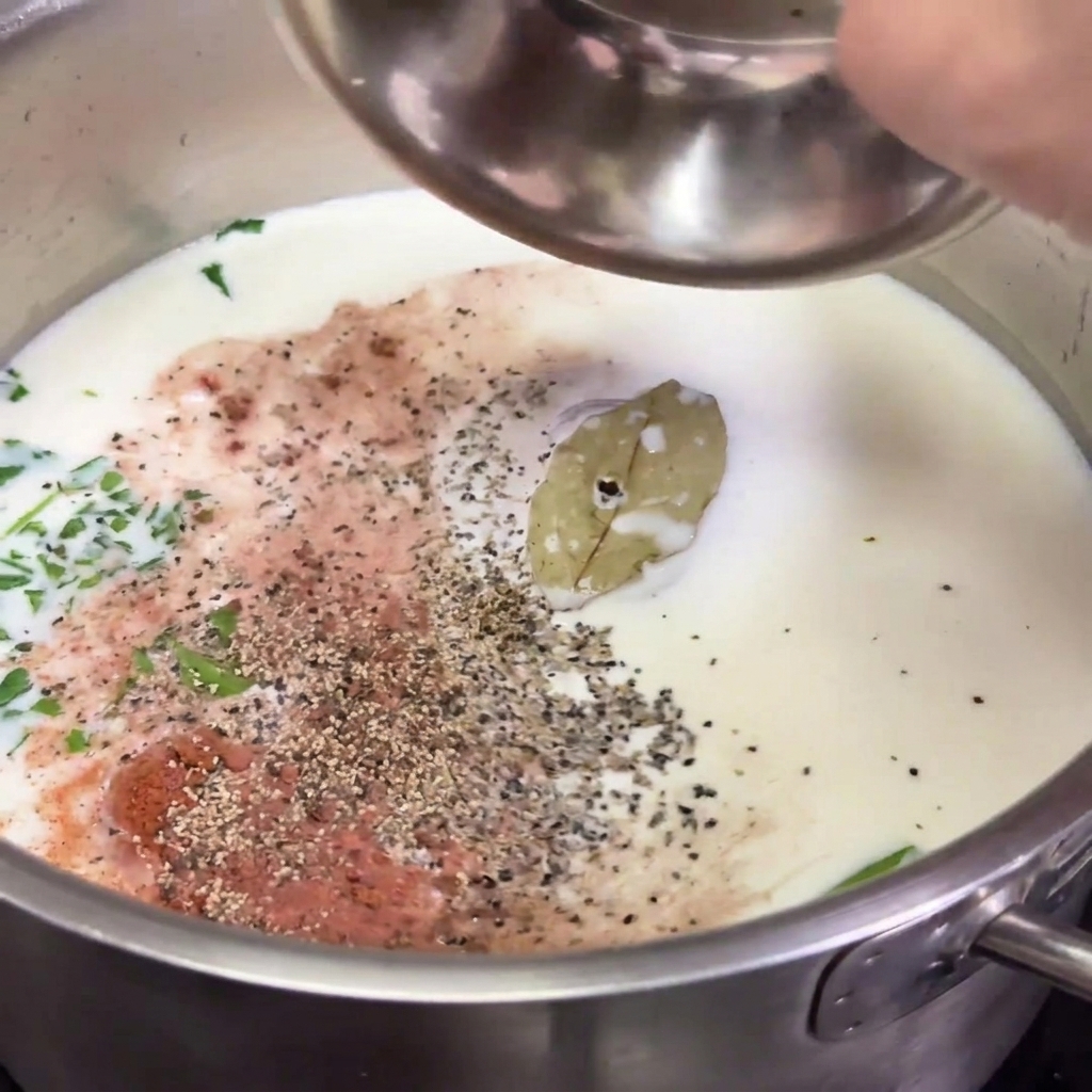 Sól, pieprz i gałka muszkatołowa wsypywane z miseczki do aromatyzowanego mleka.