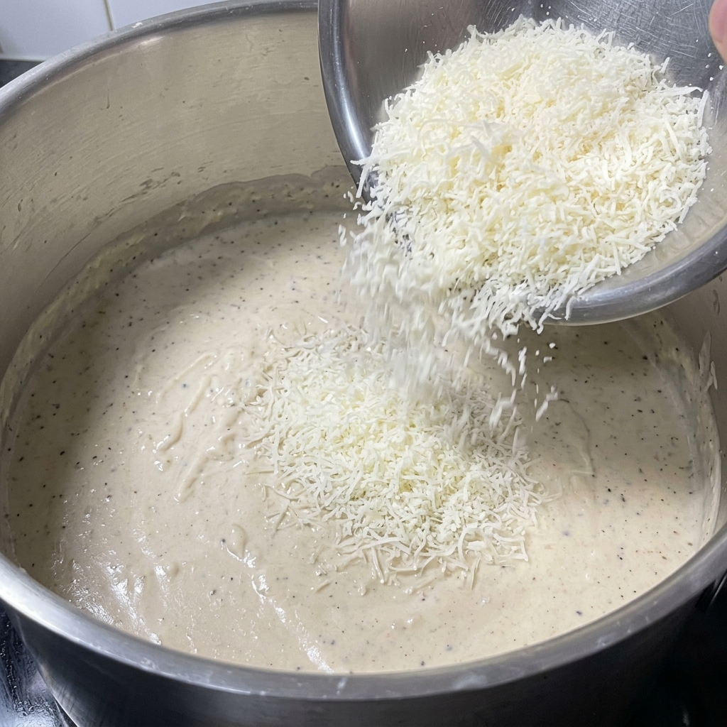 Starty parmezan wsypywany z miseczki do kremowego sosu beszamelowego.