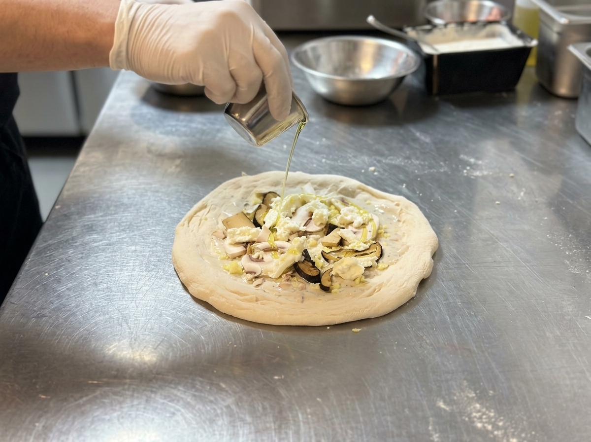 Skrapianie pizzy oliwą przed włożeniem do pieca.