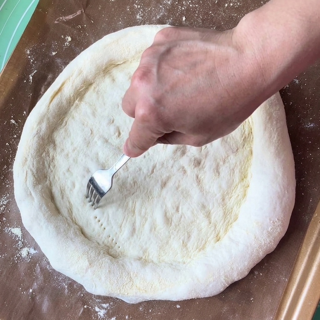Ręka używająca metalowego widelca do nakłuwania środka rozciągniętego ciasta na pizzę.
