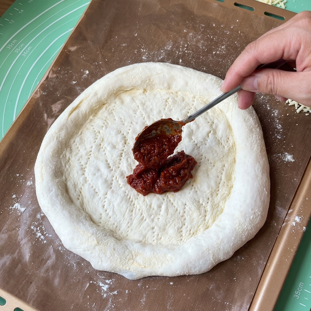 Ręka używająca metalowej łyżki do równomiernego rozprowadzania czerwonego sosu na spodzie pizzy.