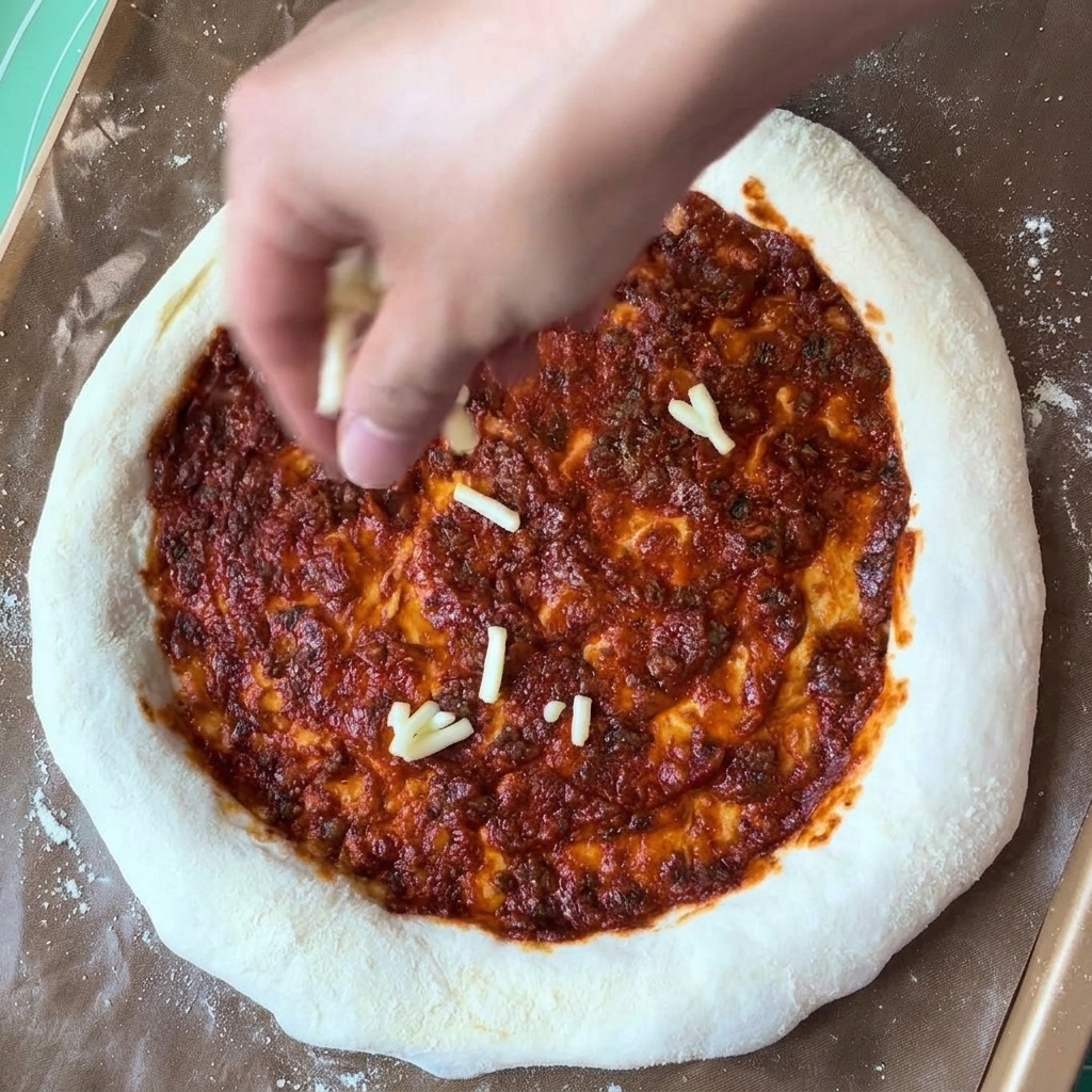 Ręka posypująca tartą mozzarellą spód pizzy pokryty czerwonym sosem.