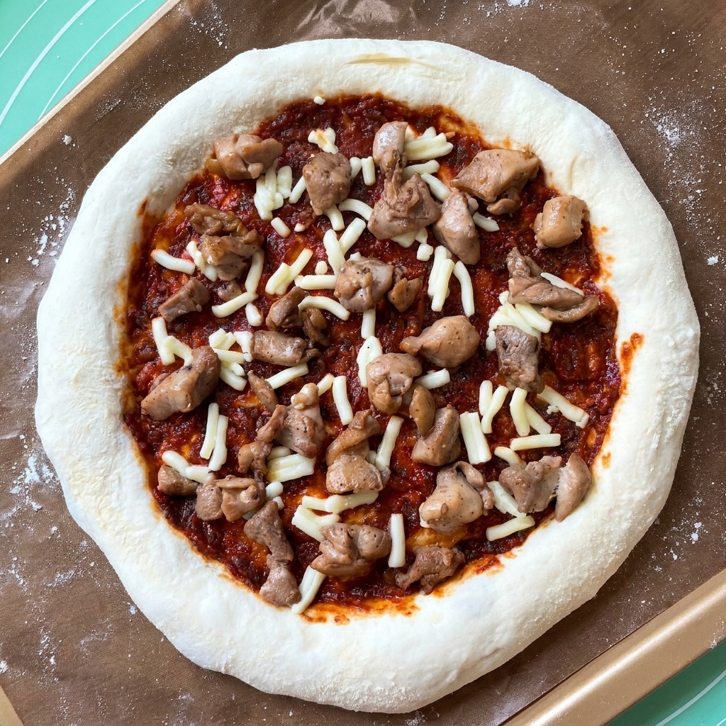 Kawałki usmażonego kurczaka rozrzucone na spodzie pizzy z sosem i serem.