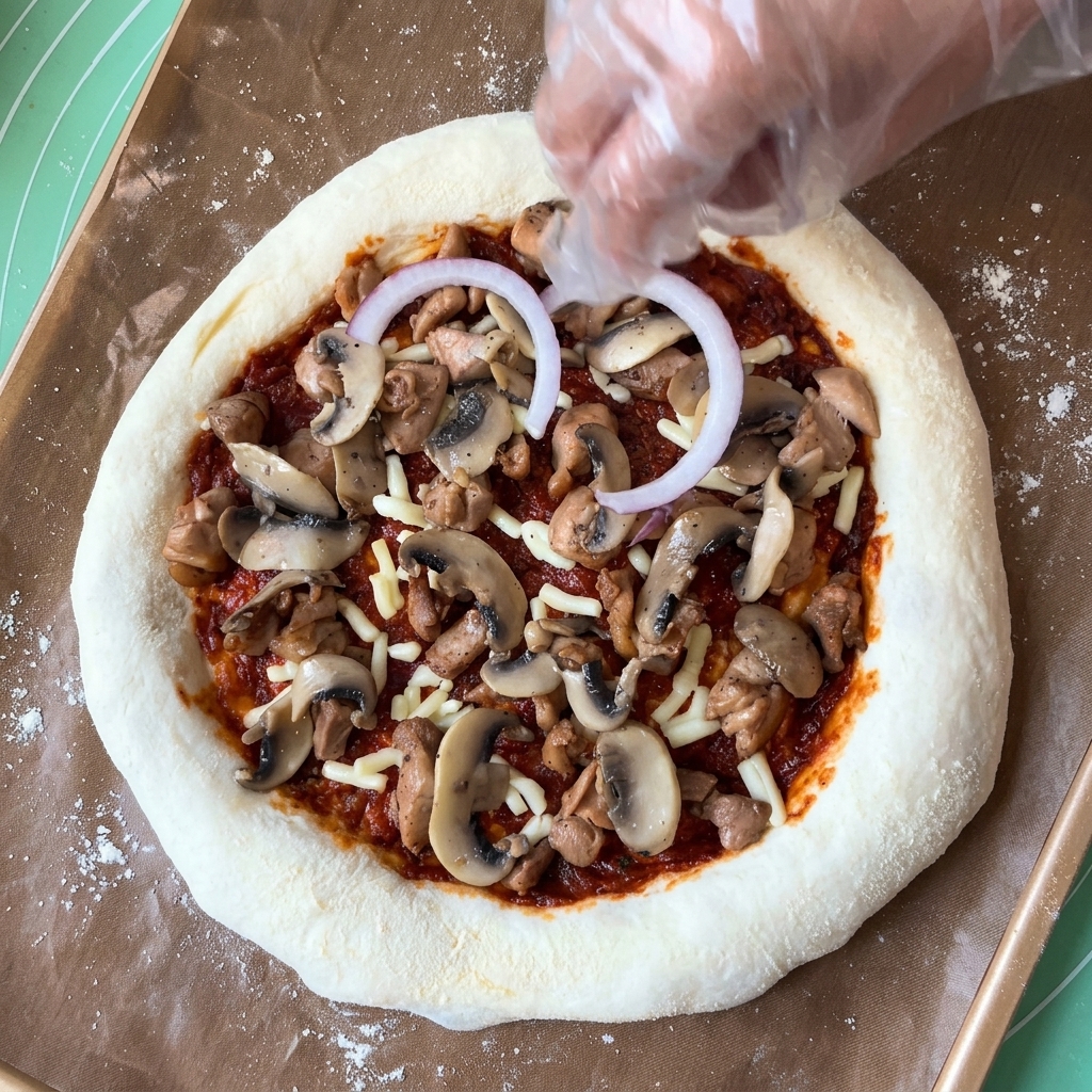 Ręka w rękawiczce układająca krążki czerwonej cebuli na pizzy z kurczakiem i pieczarkami.