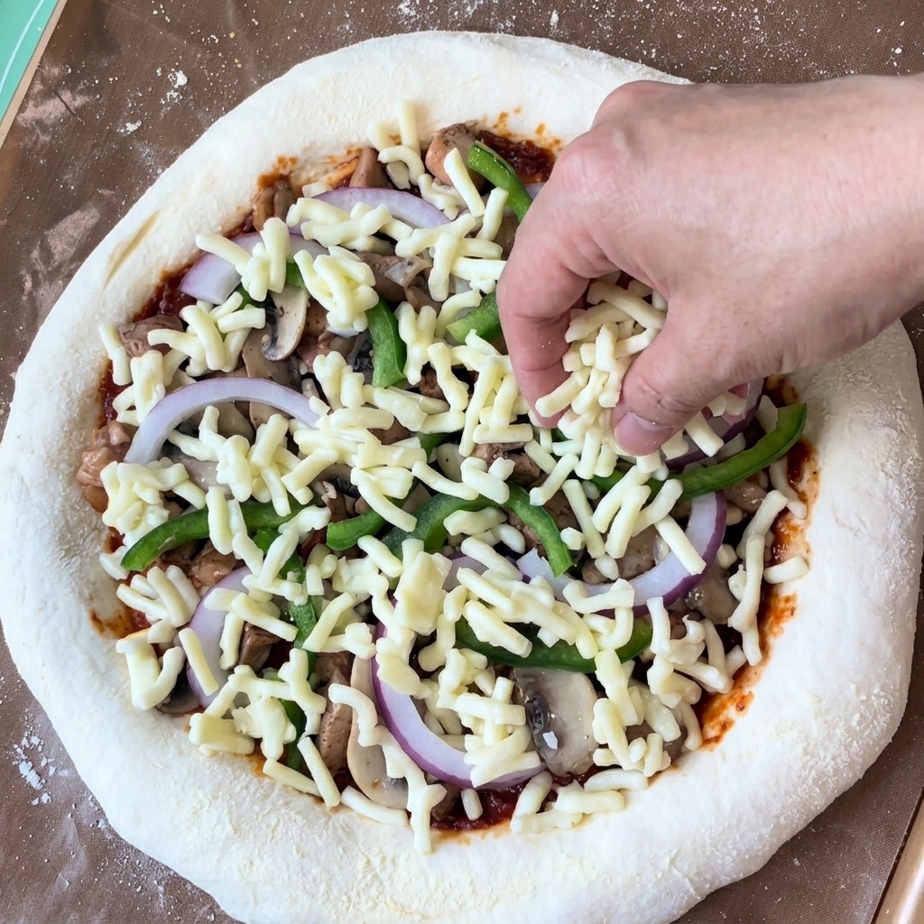 Ręka sypiąca tarty ser na bogato obłożoną pizzę przed pieczeniem.