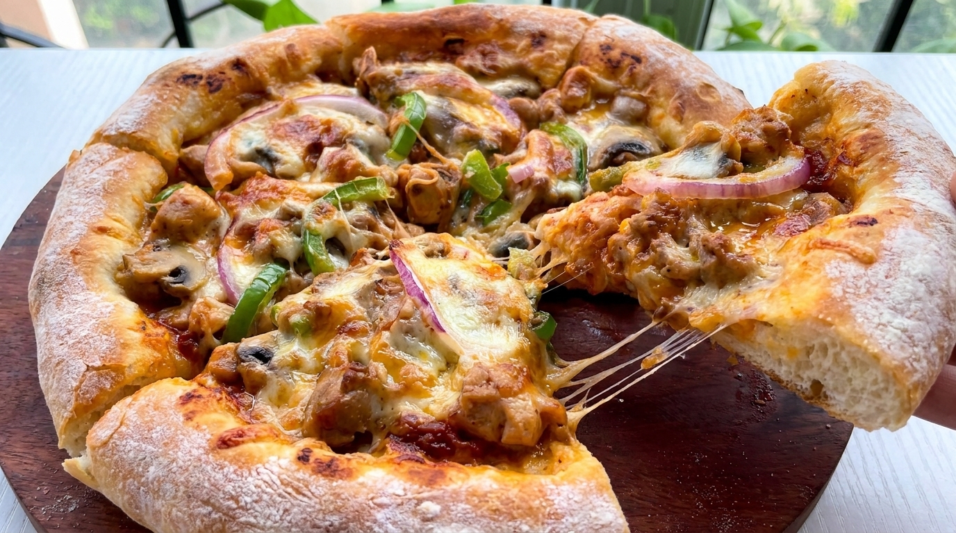 Domowa pizza z kurczakiem Orleans i pieczarkami