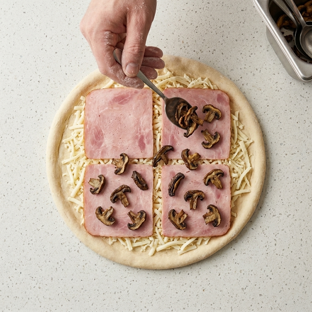 Plastry pieczonych grzybów rozrzucane na dużych kawałkach boczku na spodzie pizzy.