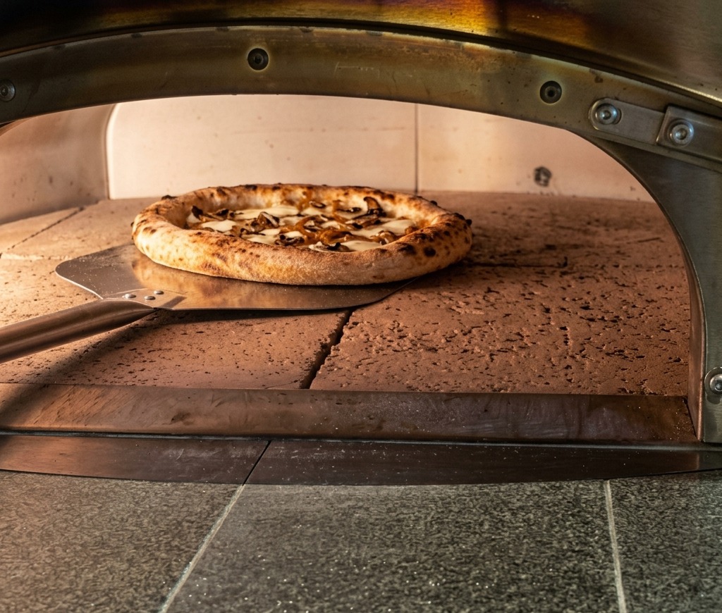 Pizza na metalowej łopacie wsuwana do gorącego pieca do pizzy z kamiennym dnem.